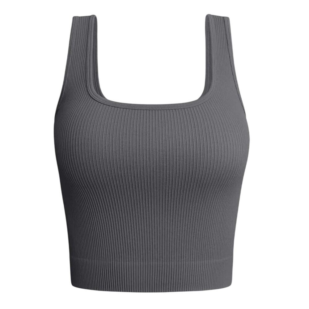 Medium Dark Grey Ribbed Sleeveless Seamless Inner/Yoga/Tank Crop Top [OQQ3-Gray]